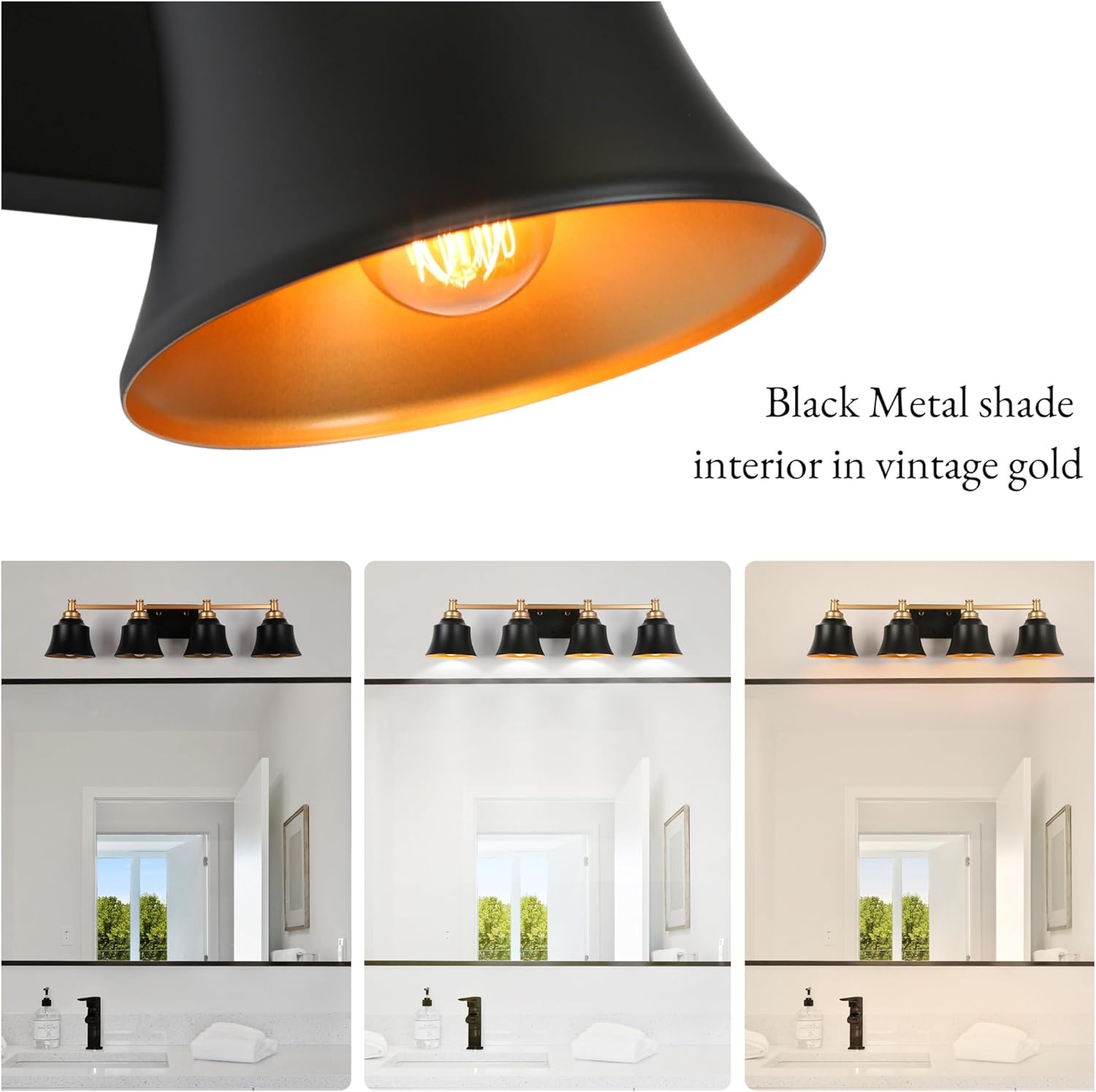 Vanity Lights for Bathroom, 4-Light Black Gold Bathroom Vanity Light with Bell-Shaped Metal Shade, Modern Farmhouse Bathroom Light Fixtures Over Mirror
