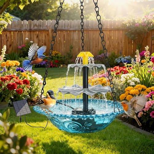 Solar Cascade Hanging Bird Bath Fountain, 3 Layers Outdoor Solar Water Fountain Pump for Bird Bath with 10ft Cord & 6 Nozzles for Garden, Ponds, Fish Tank, Attracts Hummingbirds