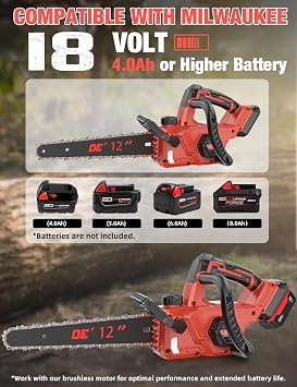 12 Inch Brushless Electric Chainsaw Cordless, Compatible with Milwaukee M18 18V Battery, Auto Oiler, 44.3 FT/S Powerful Cutting, Low Kickback, Battery Powered Chainsaw for Trees Pruning Wood Cutting