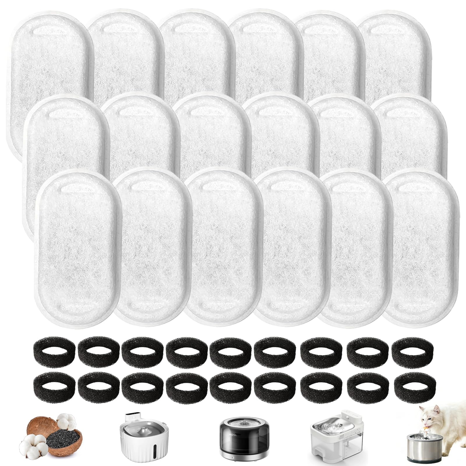 36 Stück Katzenbrunnen Filter, Filter für Katzenbrunnen, Katzen Trinkbrunnen Filter 2L / 3.2L / 4L,18 Stück Schaumfilter, 18 Stück Kohlefilter (36, Stil A)