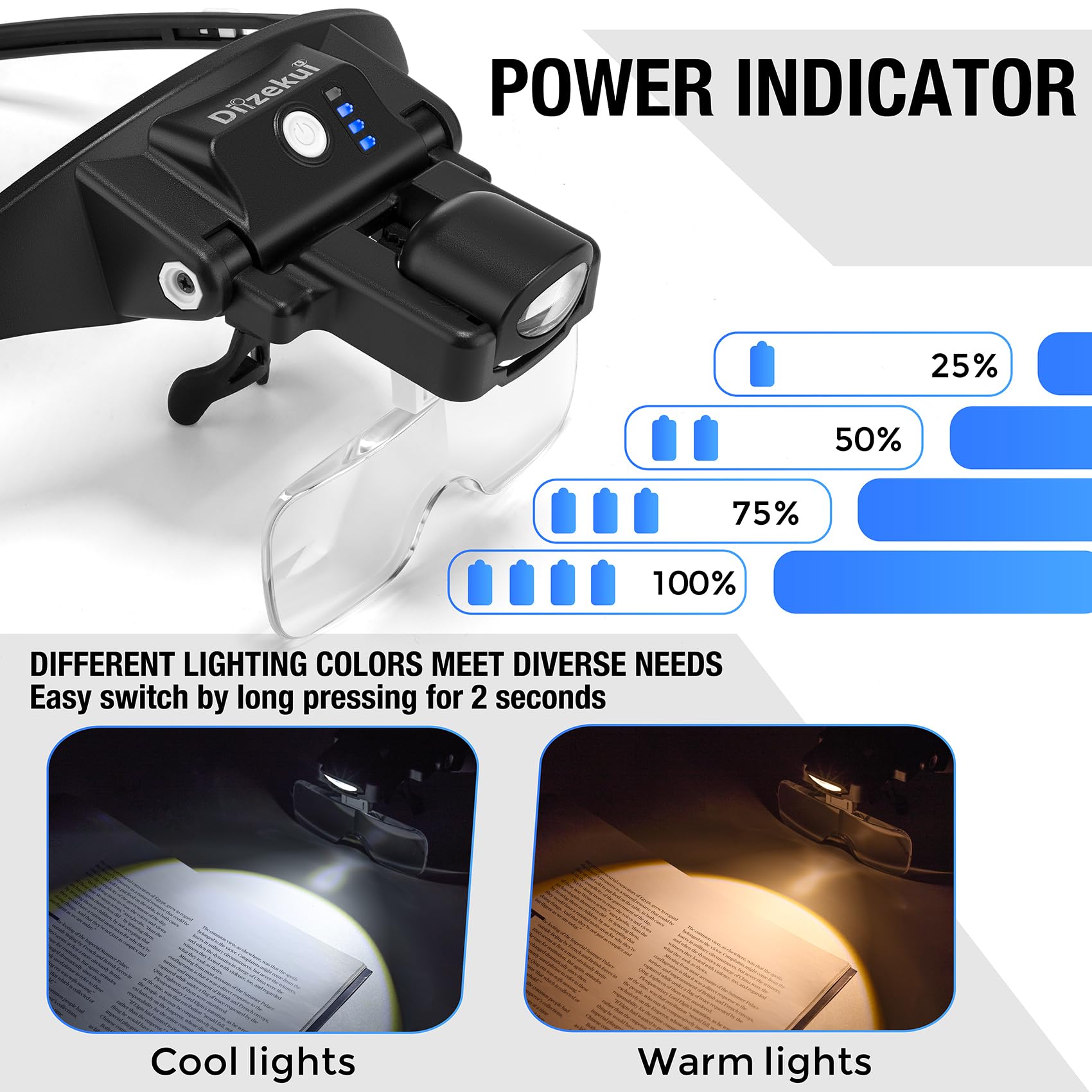 Dilzekui Lupa con luz 1X-4X, lupa recargable con cabeza magnética, lupa con 6 lentes desmontables, modos de luz fría cálida para trabajos cercanos, manualidades