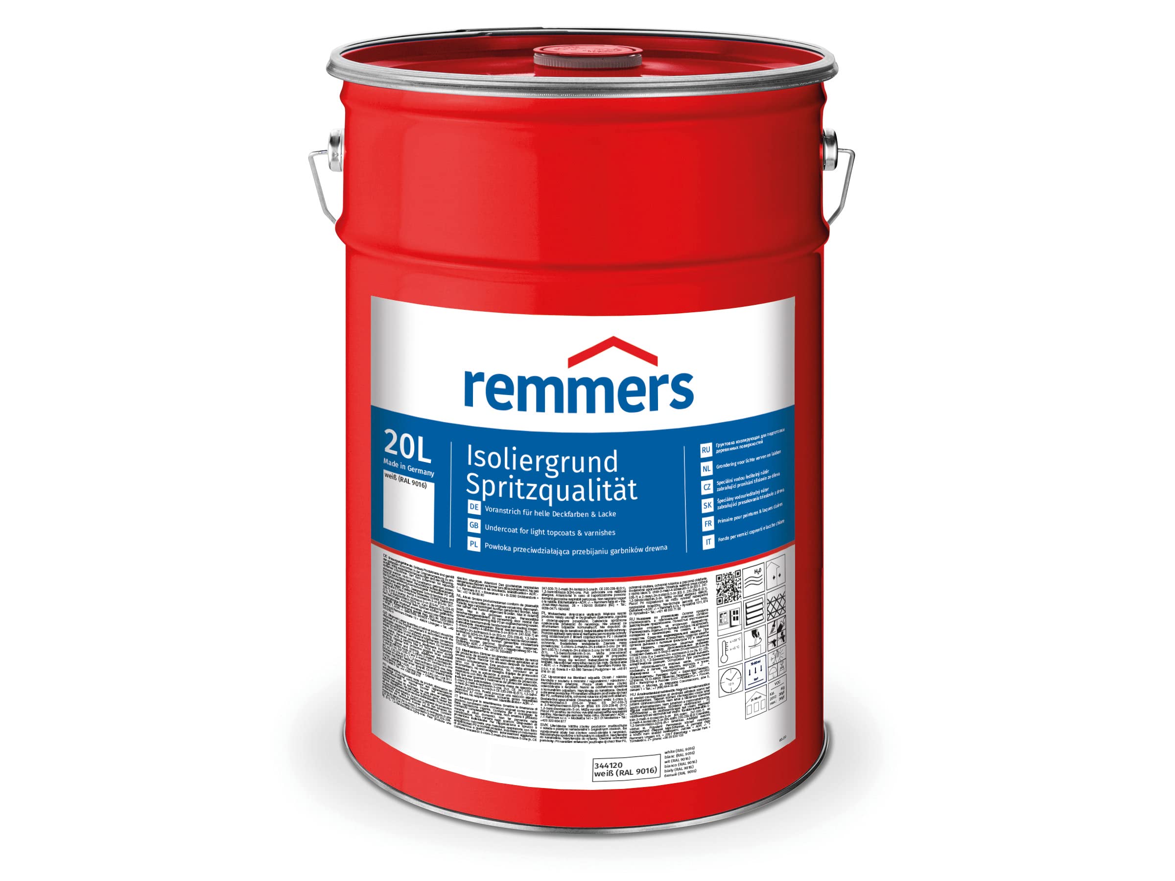 Remmers Isoliergrund weiß (RAL 9016), 20 Liter, Sperrgrund, wirkt gegen Holzinhaltsstoffe, verhindert Gelbverfärbungen, hochdeckend, atmungsaktiv