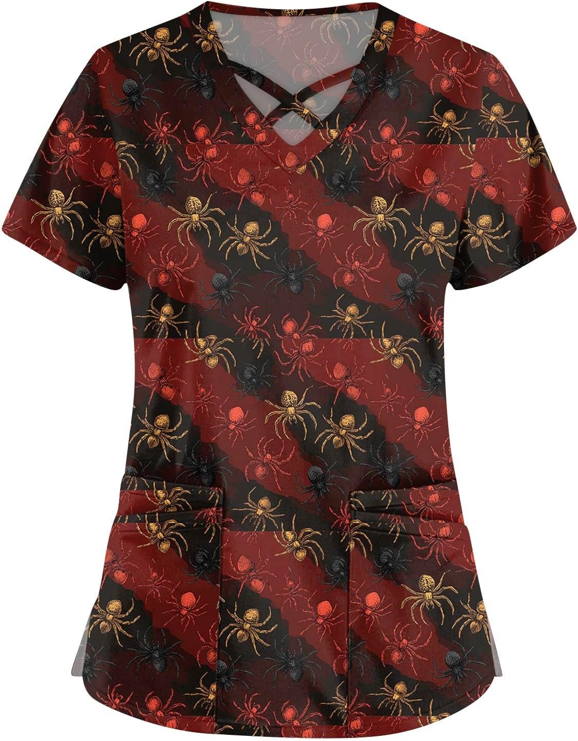 Women's Short Sleeve Halloween Funny Tops, Casual V-Neck Criss Cross Shirts with Pockets, S-5XL