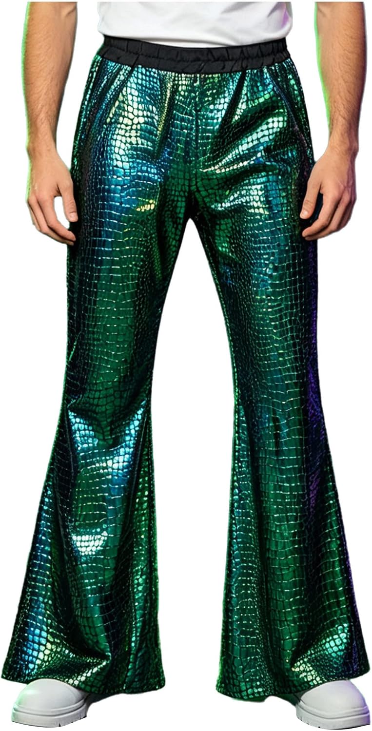 TiaoBug Mens Bell Bottom Pants 70s Disco Outfits Metallic Trousers