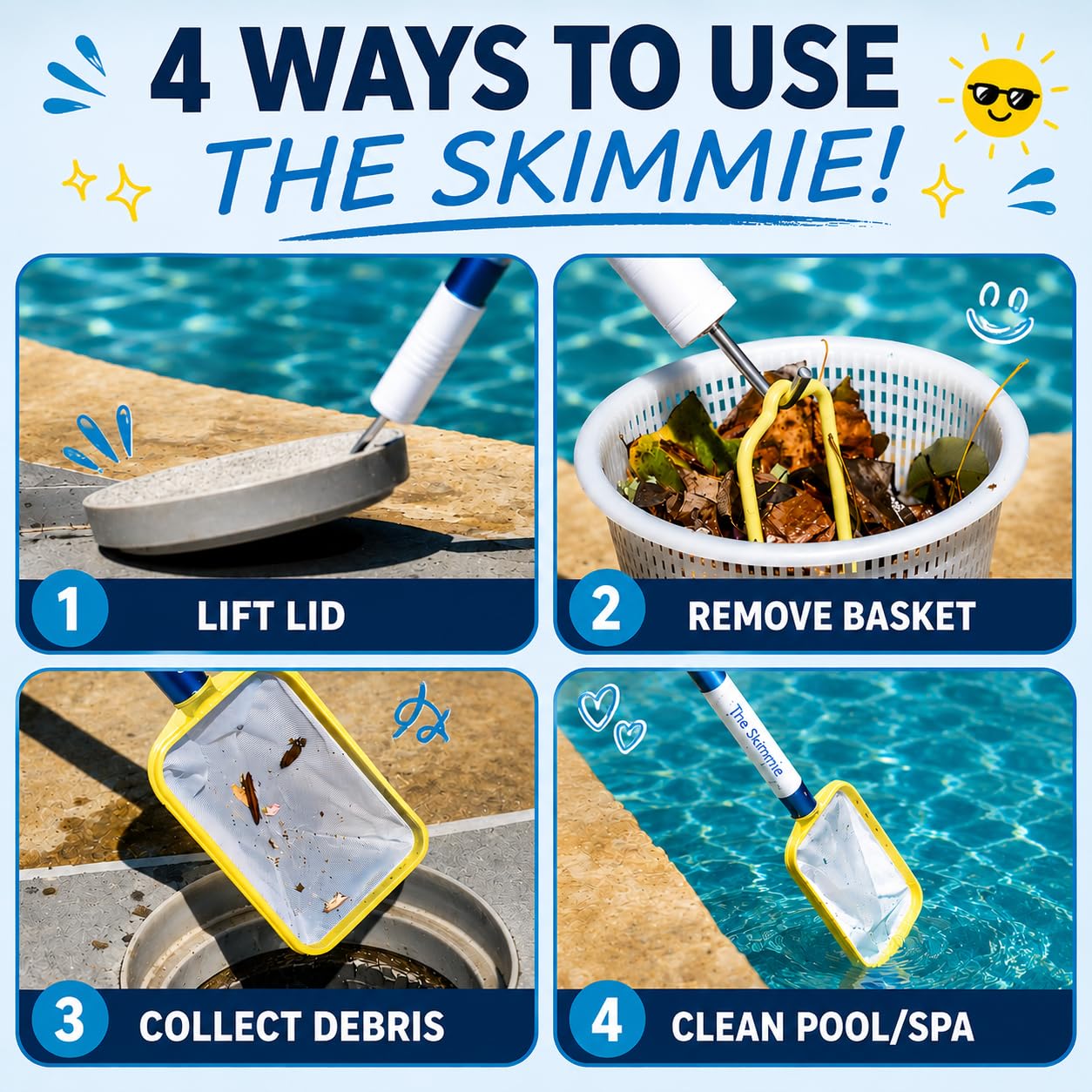 Kleiner Pool-Skimmer tiefes Netz und Haken zur Reinigung der Skimmer / 2 universelle Skimmergriffe / Skim rund um den Pool und Whirlpool mit der leichten Stange