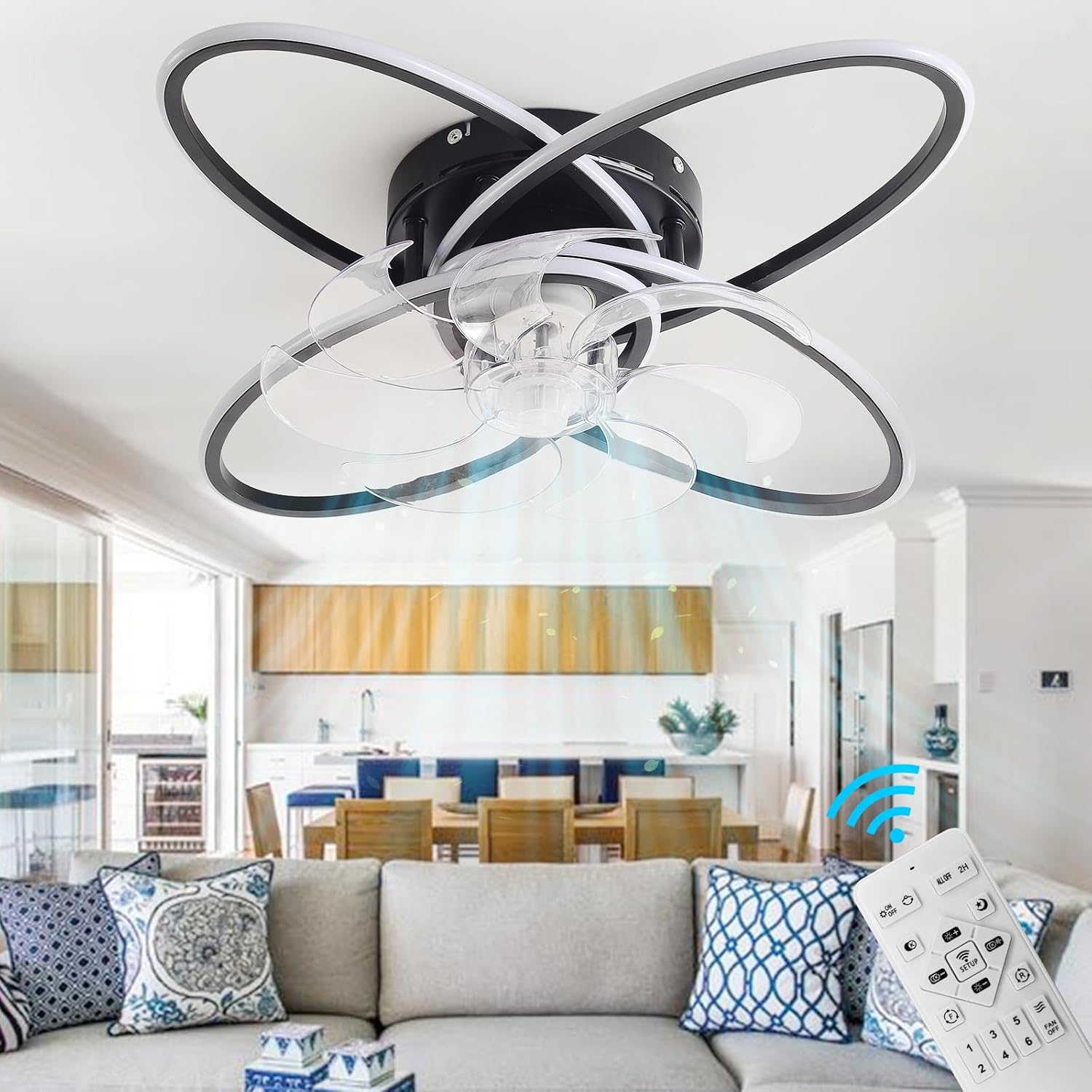 DatingDay 23.6in Flush Mount Bladeless Ceiling Fan with Light,Modern Low Profile Ceiling Fan Lighting with Remote Control 6 Speeds,Indoor Outdoor Bedroom Living Room