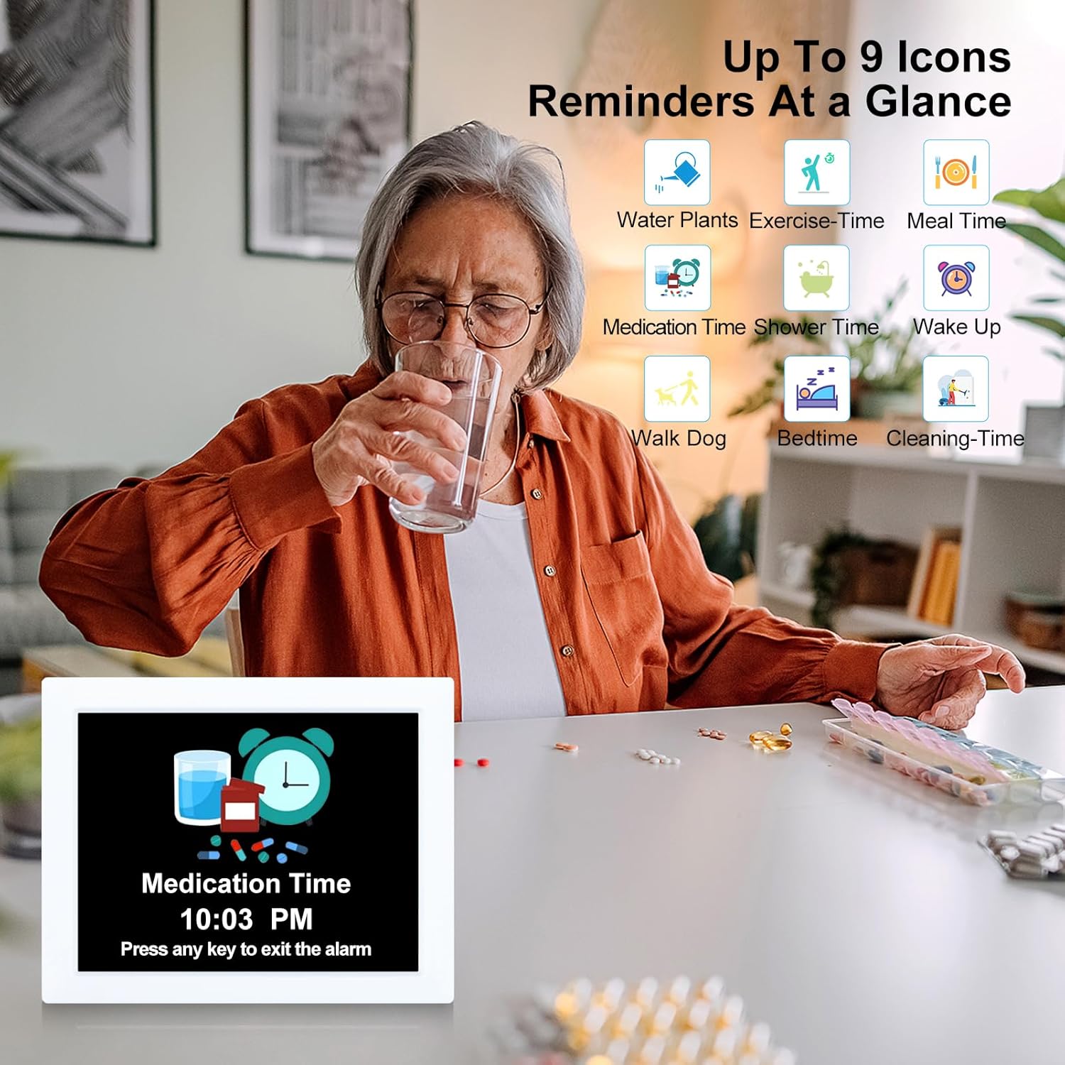 Image showing a person taking medication with the clock displaying 'Medication Time 10:03 PM' and various alarm icons like water plants, exercise, meal time, medication, shower, wake up, walk dog, bedtime, and cleaning time.