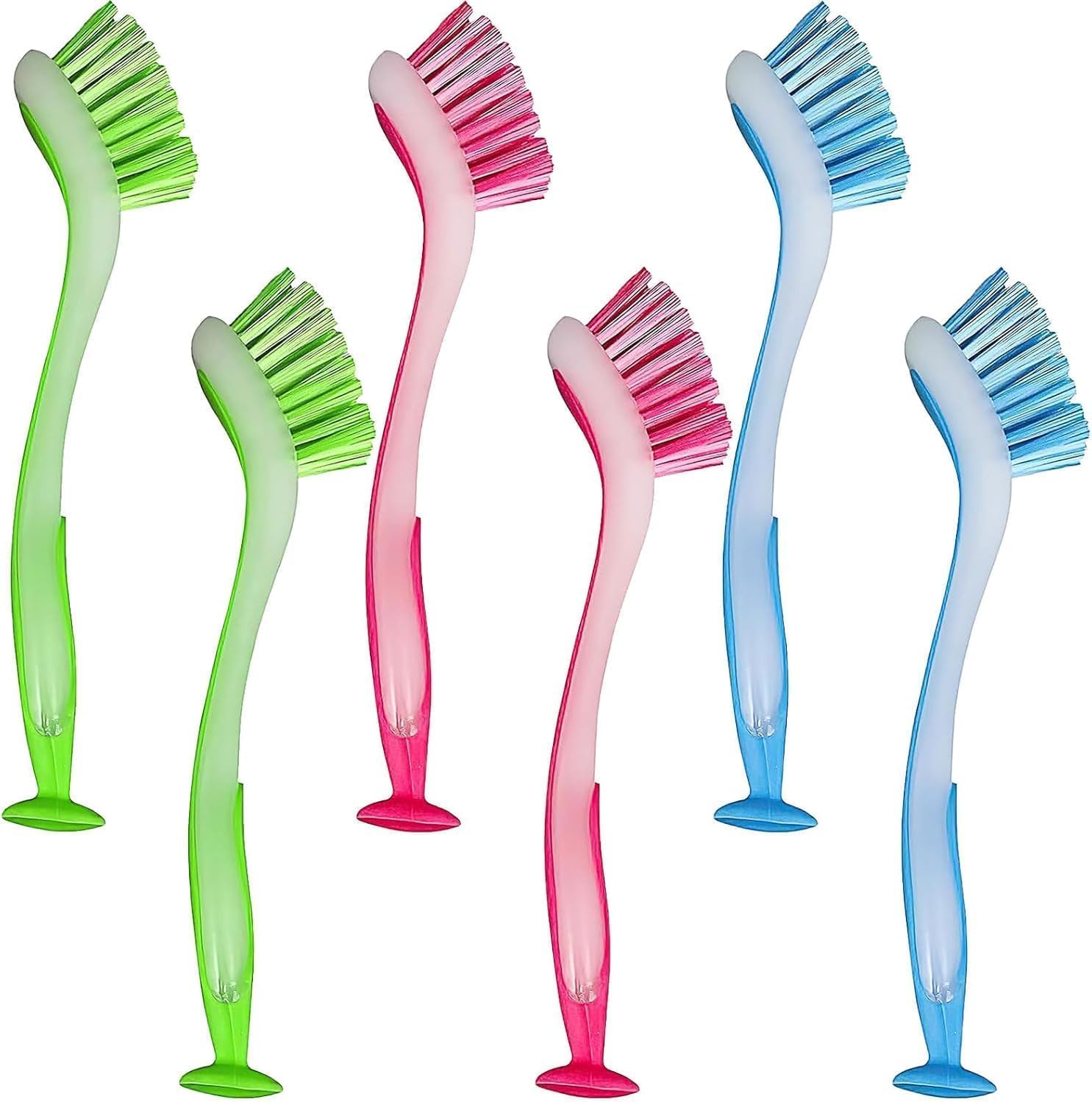 Dish Brush with Long Handle,6 Pack Kitchen Scrub Brush with Suction Cup Base,Assorted Color Dishwashing Brush Durable Bristles for Cleaning Dishes,Pots,Pans and Sink