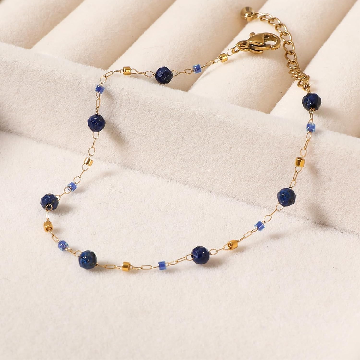 Natural Gemstone Beads Bracelets for Women 18k Gold Plated Handmade Lapis Lazuli Garnet Link Bracelet Turquoise Jewelry Valentine's Day Gift for Wife Mother Girlfriend - Image 3