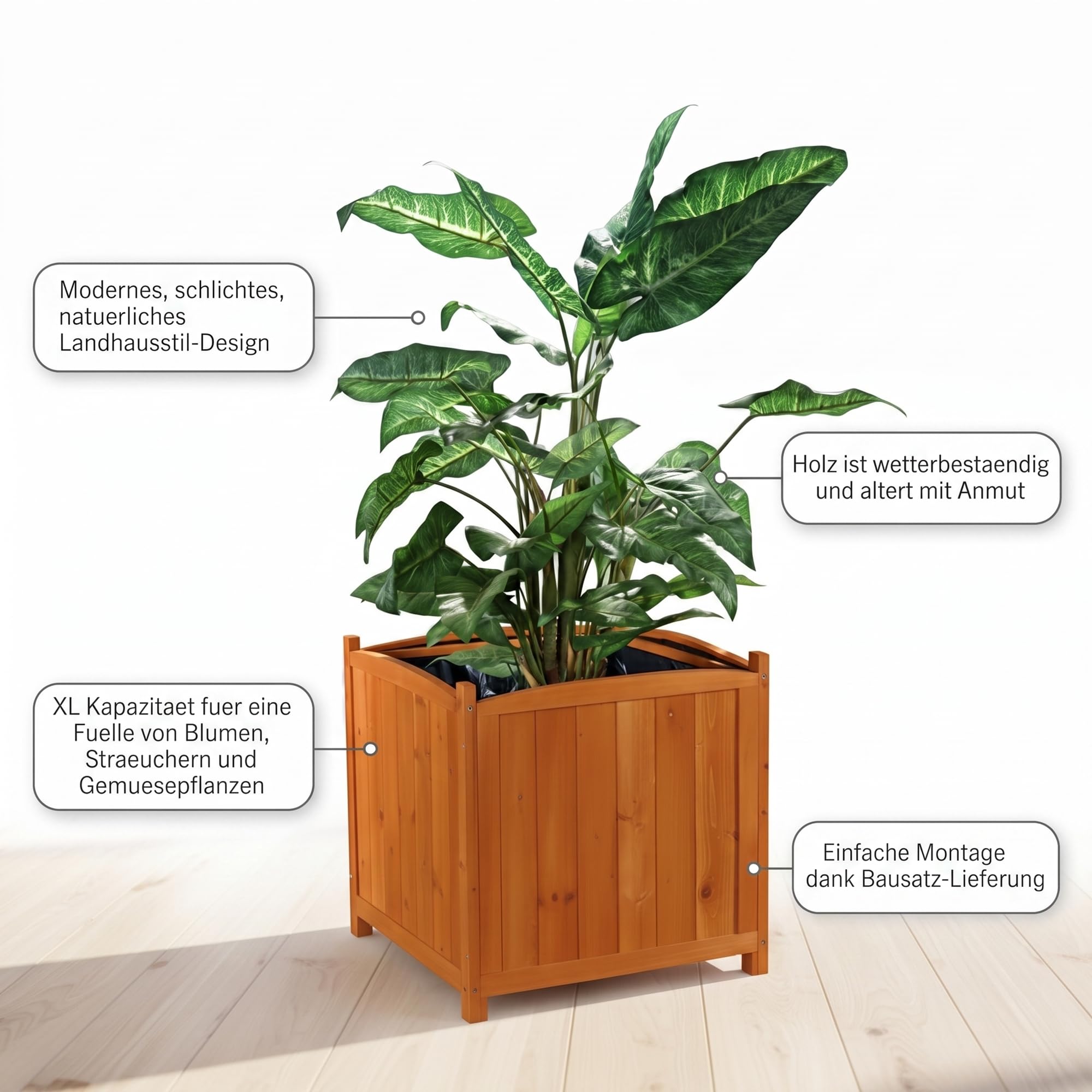 Mucola Blumenkübel Pflanzkübel Holz eckig 50 cm inkl. Pflanzfolie Braun | Für Blumen, Sträucher und Gemüse, geschwungene Abschlüsse mit silbernen Nägeln im Country-Look, auch für Innenhöfe geeignet