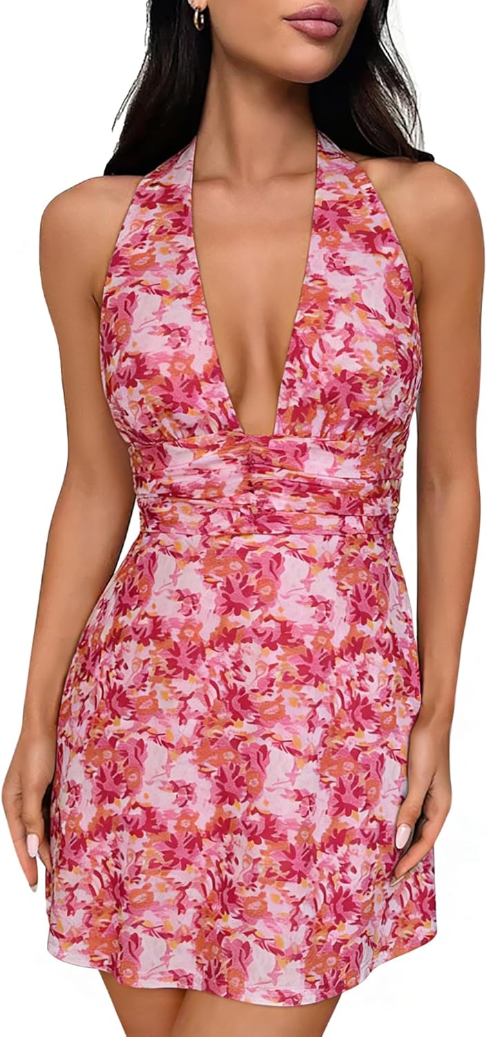 COCCKO Women's Halter Deep V Neck Dress, Backless Floral Print Mini Sundress, Summer Beach Vacation Going Out 2026