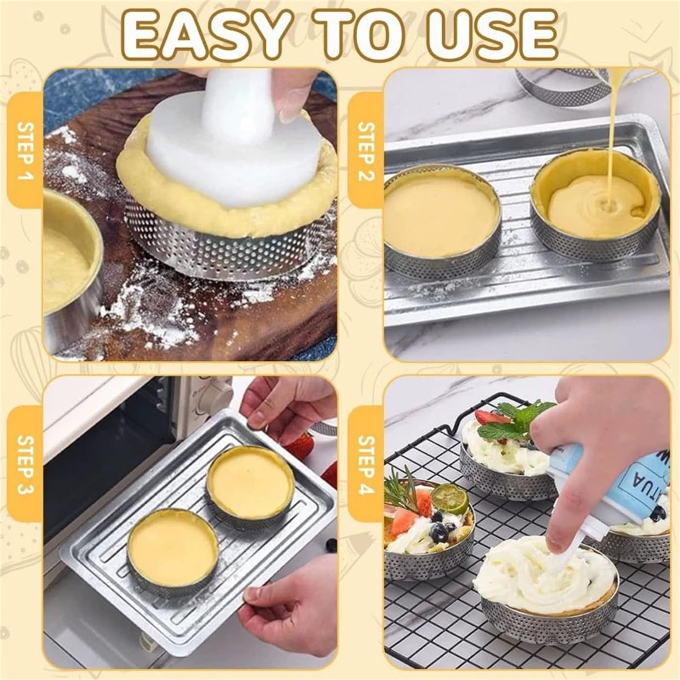 Lot de 12 moules à tarte perforés en acier inoxydable anti-adhésif pour tartes, mousses, quiches et desserts – Idéal pour la pâtisserie maison