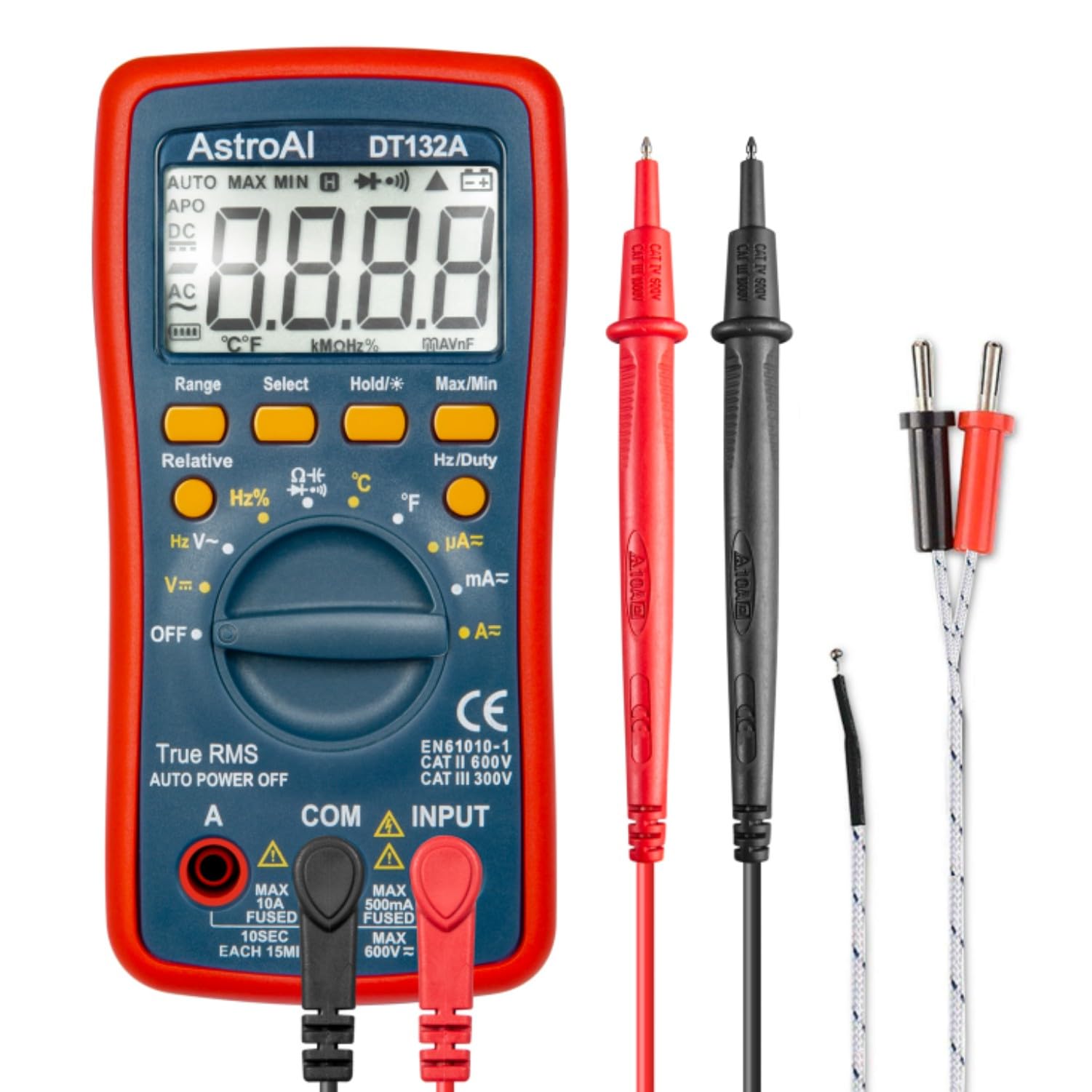 AstroAI Digital Multimeter, Voltmeter Ohmmeter Amperemeter, Manuell und Auto-Range, Misst Spannung, Strom, Widerstand, Durchgang, Frequenz, Dioden, Temperatur, Rot