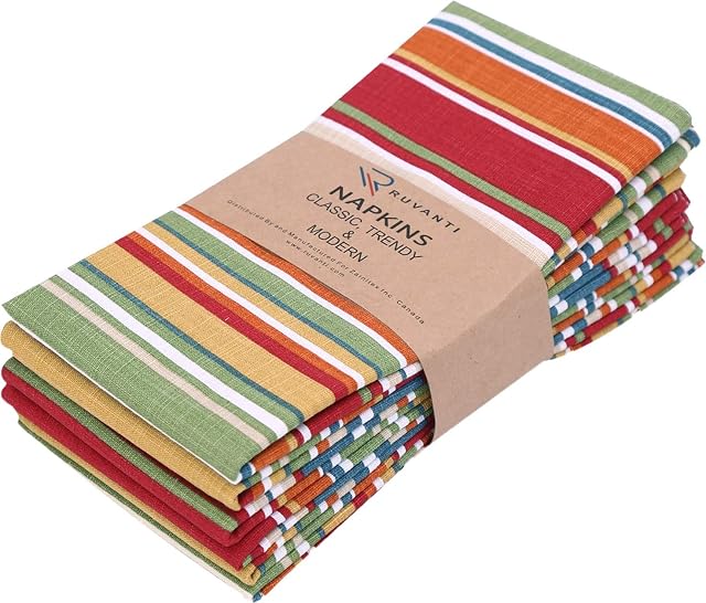 Ruvanti Cloth Napkins 6 Pack 18 X 18 Inch Dinner Table Napkins , Soft & Comfortable 100% Cotton Red, Orange & Green Reusable Linen Napkins for Christmas / Dinners / Weddings / Bar / Cocktail Parties.