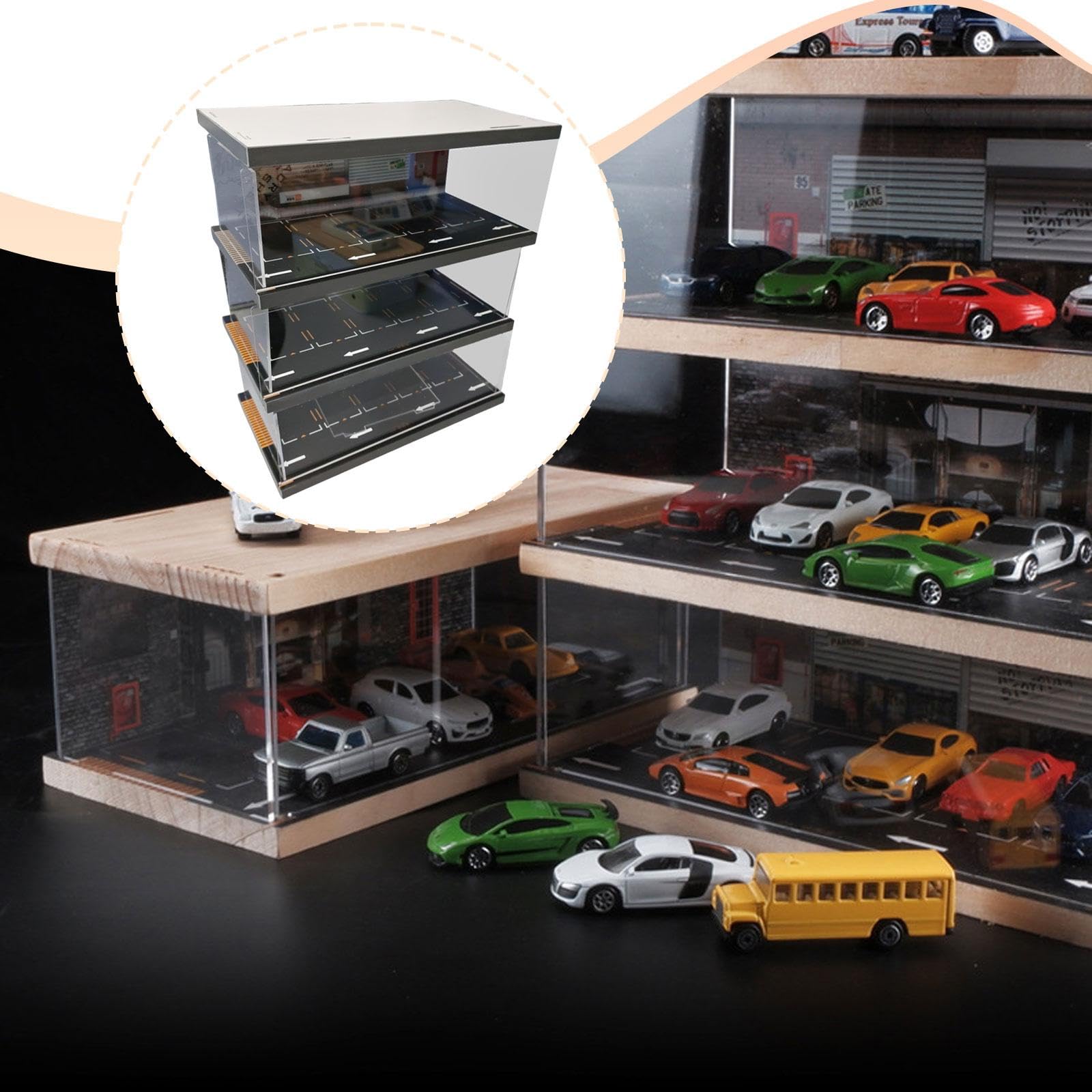 Ausstellungsständer für Modellautos, Parkplatz Simulationsvitrine, Maßstab 1:64, Acryl, Sammlergeschenk, 3 Schichten