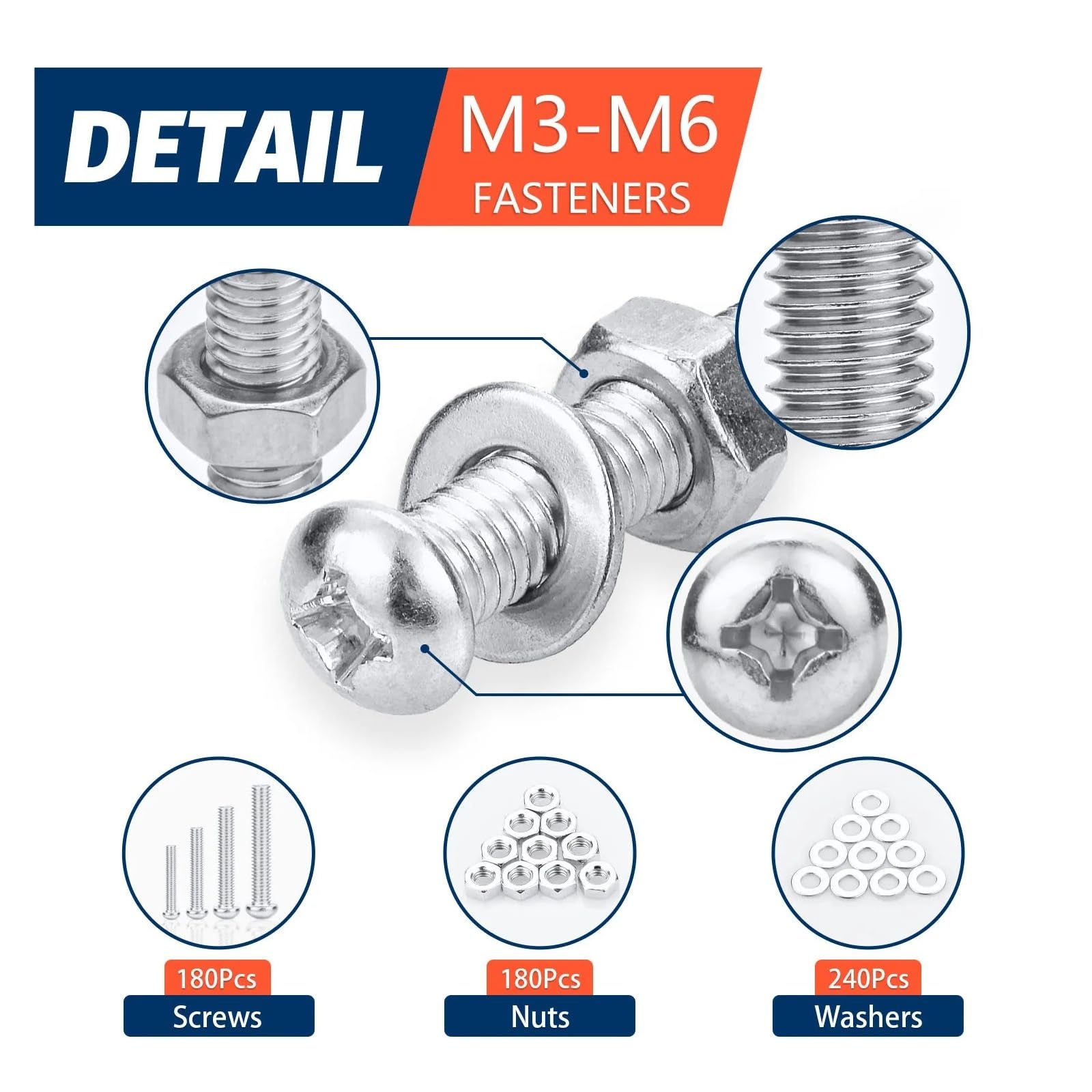 PrecisionFix Kit surtido de 600 tornillos, pernos y tuercas, tornillos de máquina métricos y arandelas planas M3, M4, M5 y M6, cabeza Phillips, 16 tamaños