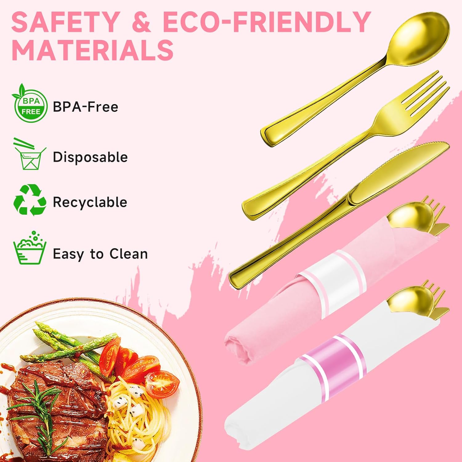 100 Packs Pre-Rolled Pink White Gold Plastic Silverware Sets - Disposable Wrapped Plastic Cutlery Set with 100 Napkins, 100 Knives, 100 Forks and 100 Spoons for Wedding Birthday Party Dinner