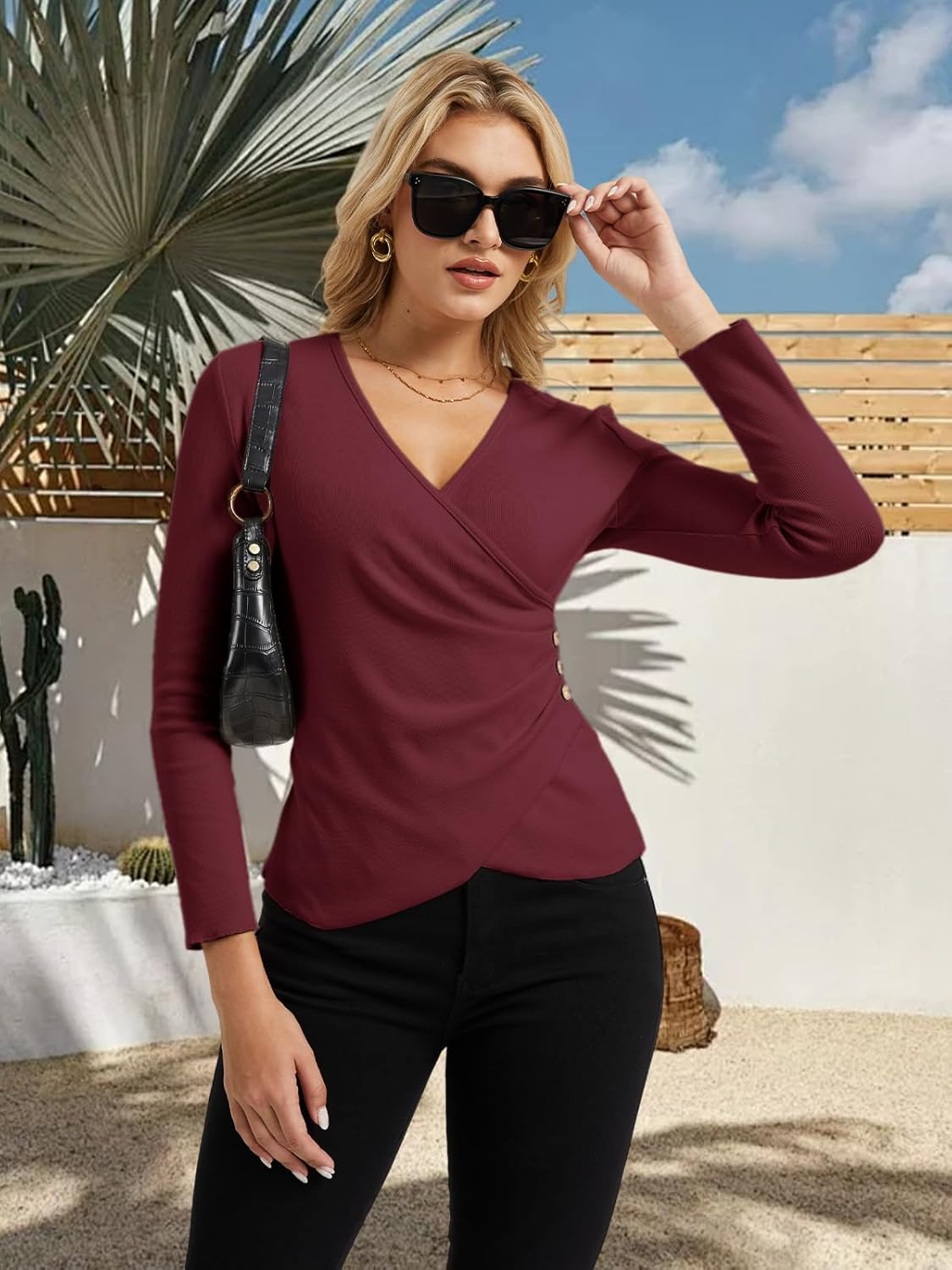 Women’s Long Sleeve Wrap Top, Seep V Neck Ribbed Knit Slim Fitted Cross Wrap Asymmetrical Fall Dressy Blouse - Image 3