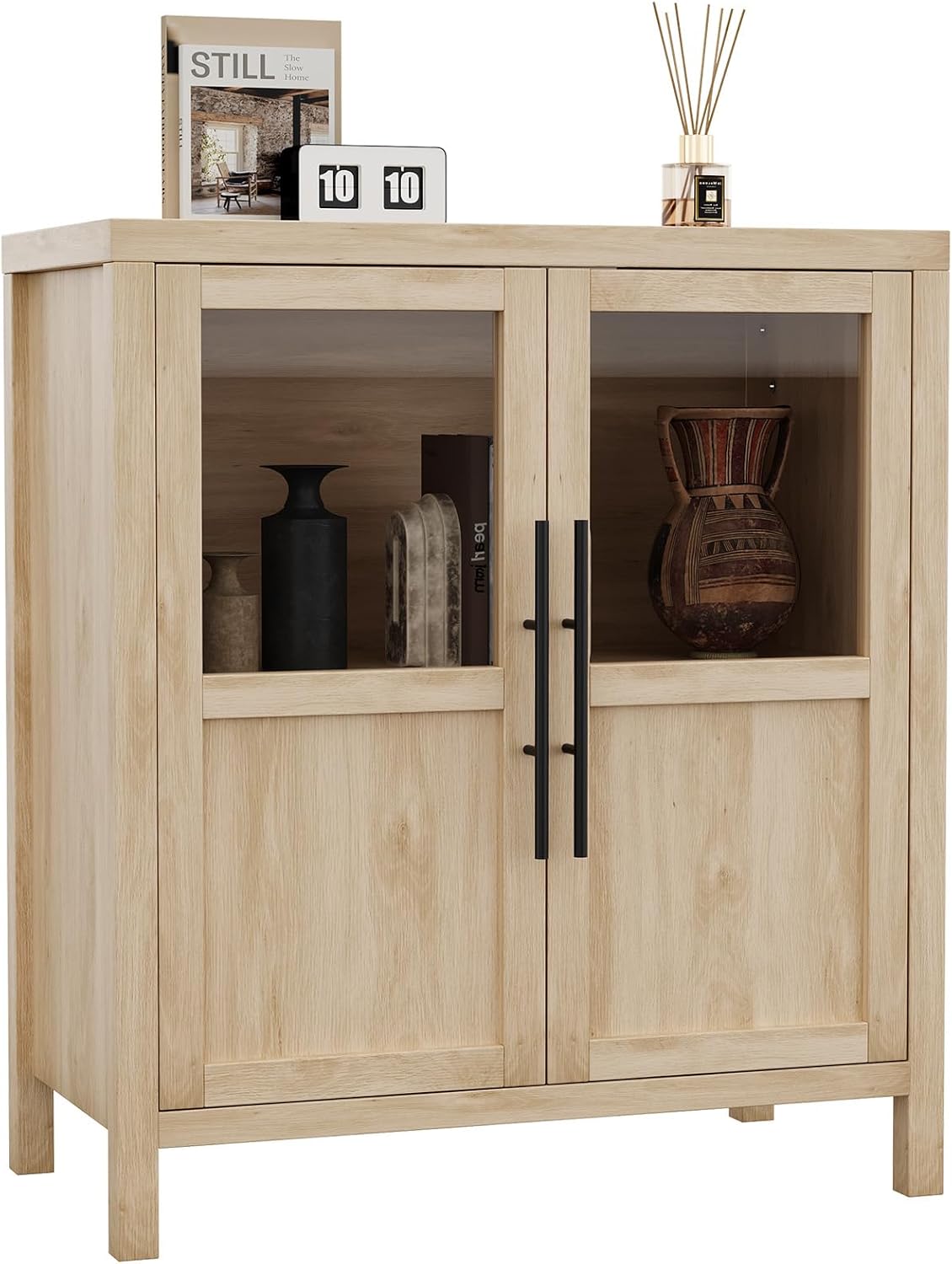 GarveeHome Sideboard Buffet Cabinet with Glass Doors, 29" Large Buffet Cabinet with Storage, Modern Farmhouse Storage Cabinet Table for Kitchen Dining Room, Living Room(Glass with 2 Door, Pear Wood) Pear Wood Glass with 2 Door