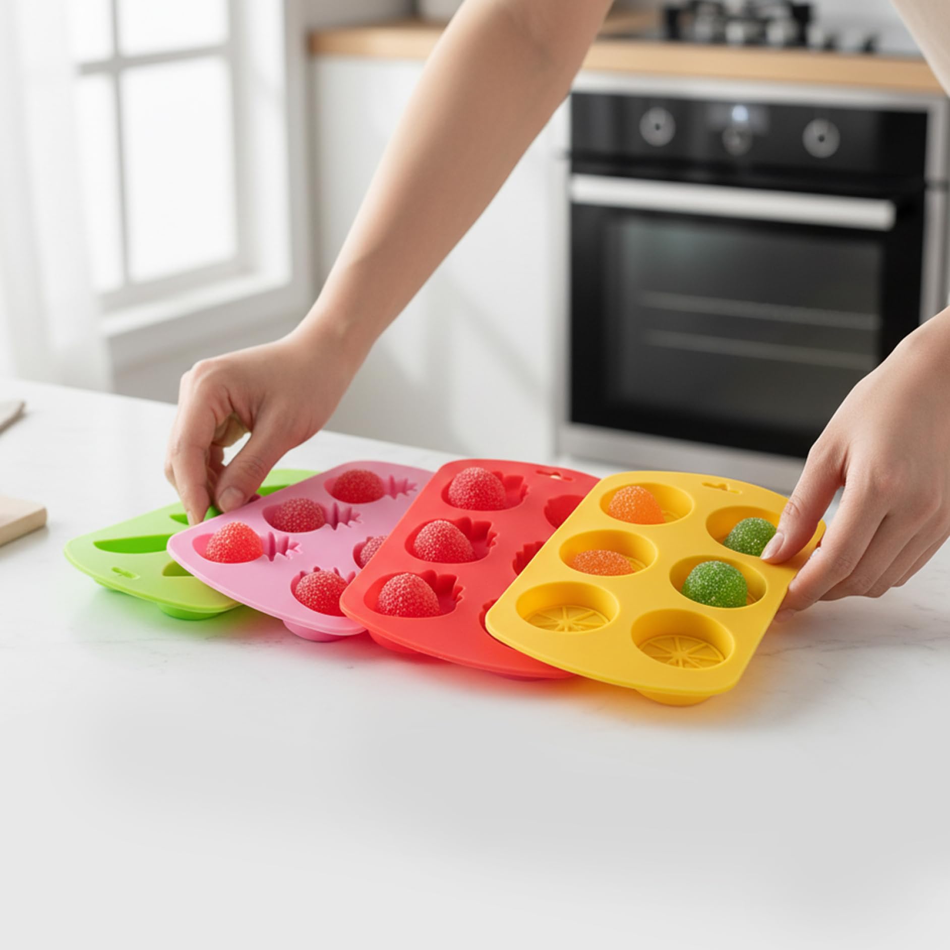Lot de 4 moules à gommes en silicone, mignons, à bonbons, aux fruits, 6 cavités, dégagement facile, en forme de pastèque, fraise, citron, ananas, pour bricolage, gelée chocolat, collations