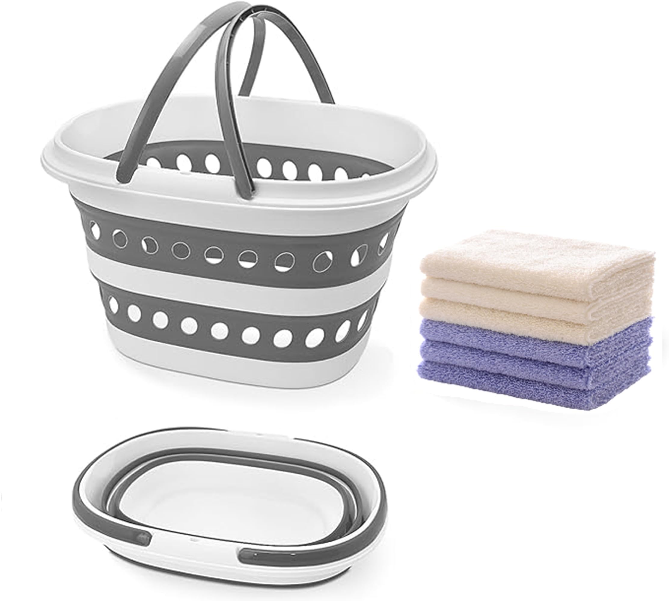 Collapsible Laundry Hamper with Handle,Plastic Laundry Basket Foldable Pop-Up Storage Container Oval Tub Space Saving Organizer (Grey,16L, 41L x 32W x 24H cm)