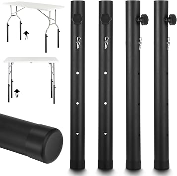 MAQUITA Table Leg Extenders for Folding Tables, 4 Pack Heavy Duty Steel Adjustable Folding Table Leg Risers, 4 Heights 3.6in / 6.7in / 10in / 13in, Black, Round, Modern Style