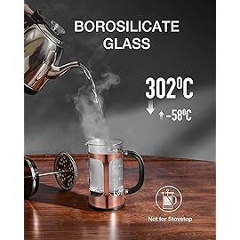 BAYKA French Press Coffee Tea Maker Small, Heat Resistant Thickened Borosilicate Glass Stainless Steel Single Serve Brewer, Cold Brew Cafetera Teapot, 21 Ounce 0.6 Liter,Copper