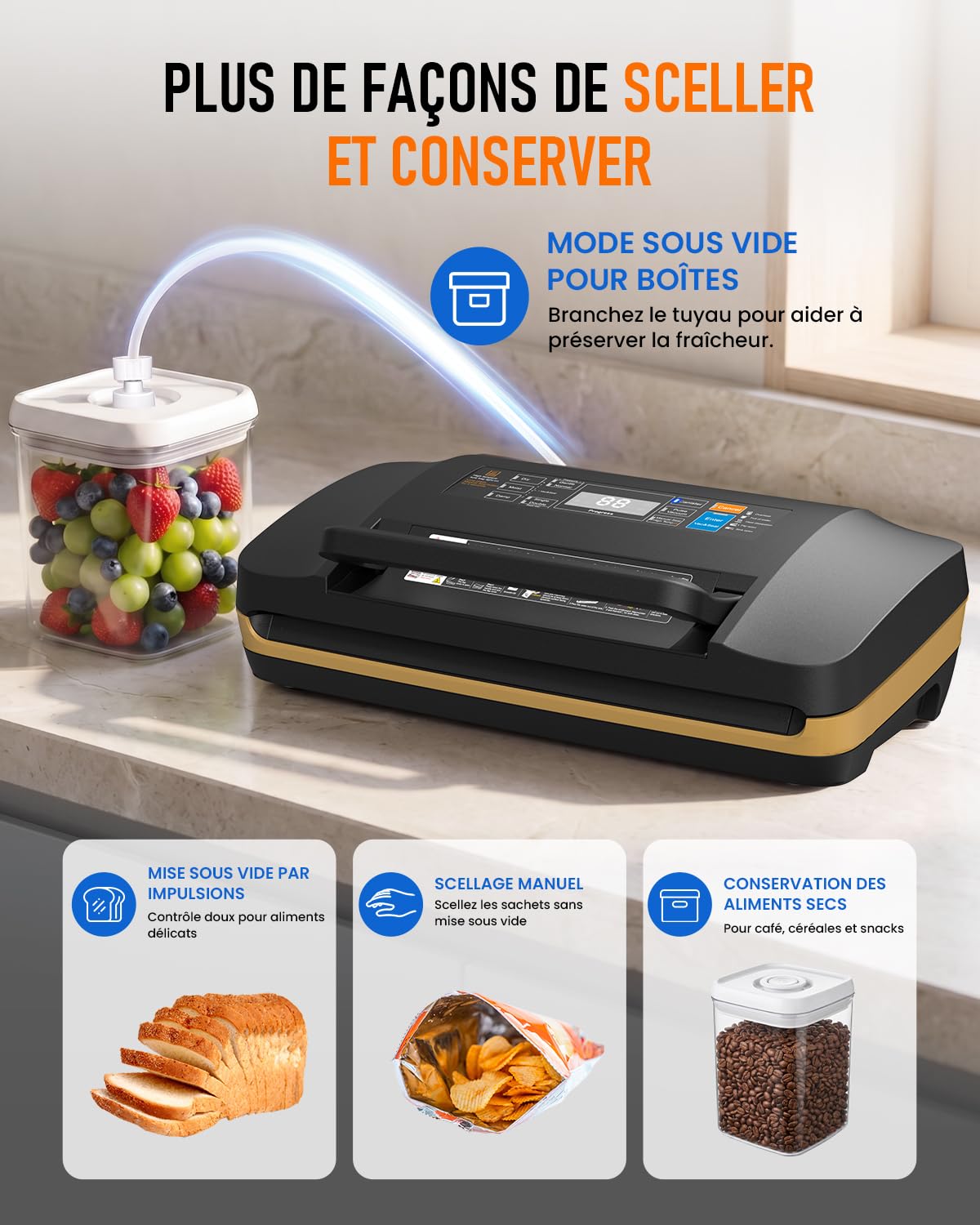 Envasadora al Vacío Doméstica Profesional 95 kPa, Máquina de Envasar al Vacío para Alimentos 18 en 1, Selladora al Vacío con Doble Sellado, Cortador Integrado, Seco/Húmedo, Sous Vide