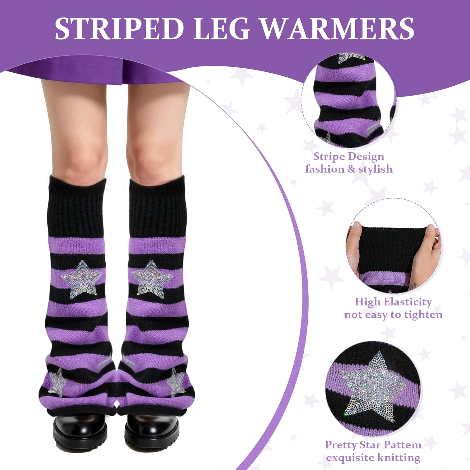 2Pairs Y2K Leg Warmers for Women, Striped Leg/Arm Warmer & Fingerless Gloves Set, Star Streetwear Leg Cover for Rave - Image 4