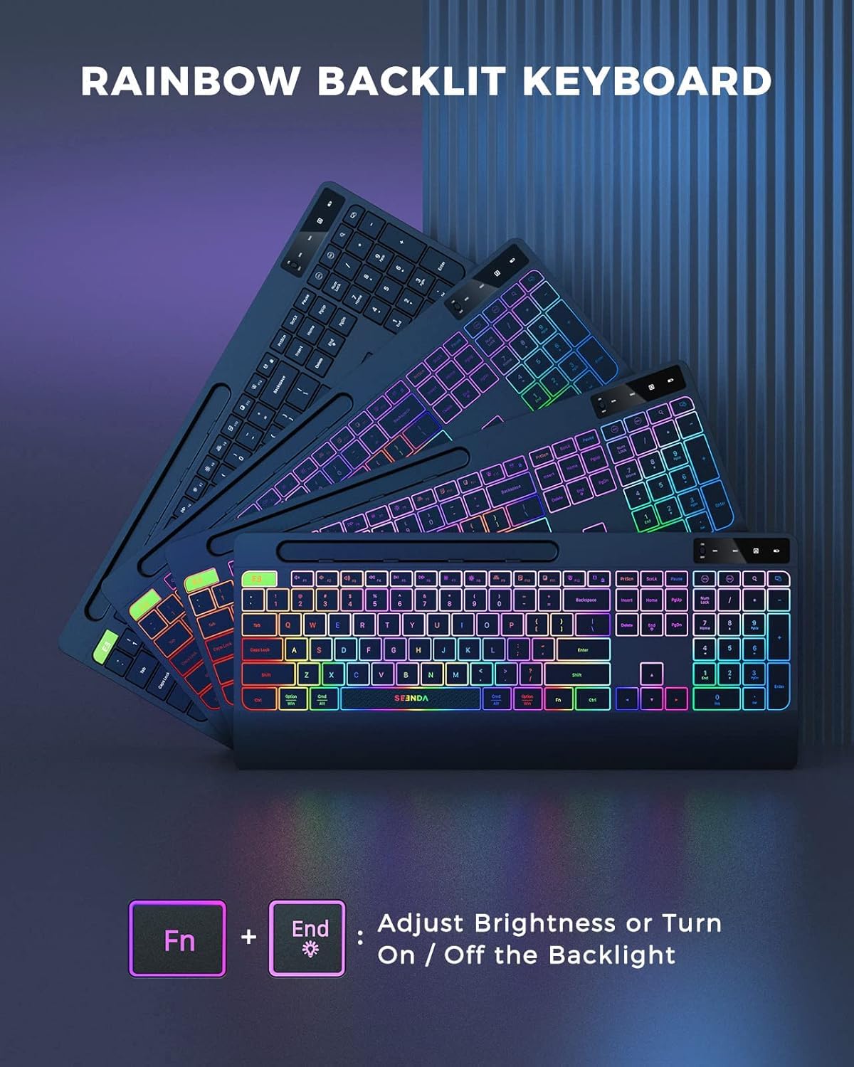 seenda Tastiera wireless 2.4G e mouse Combo con retroilluminazione arcobaleno, tastiera ricaricabile e mouse set UK layout full size con 2 in 1 USB C e USB A Dongle e Wirst Rest, nero