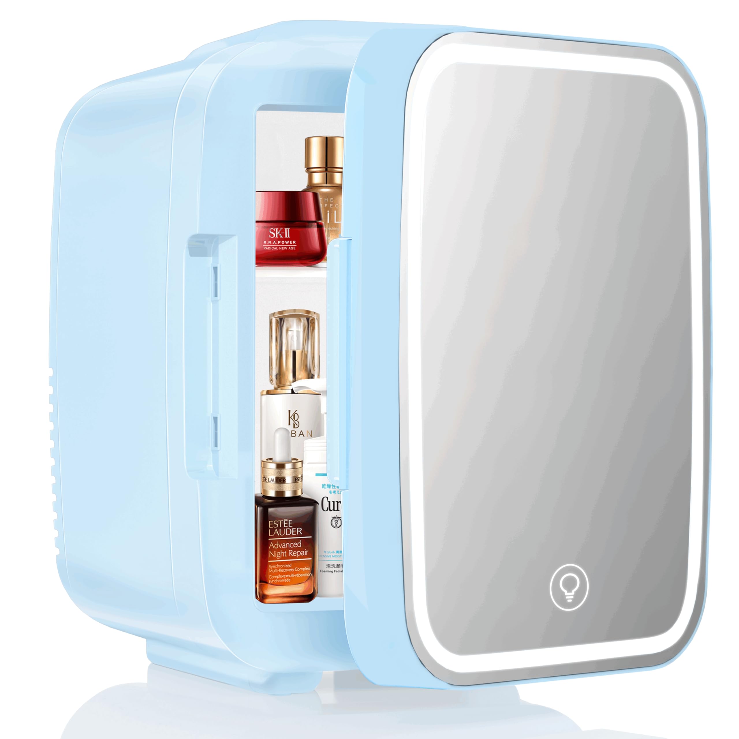 YASHE Mini Nevera para Dormitorio, Skincare Nevera con Espejo LED, Pequeña Nevera de 4L Portátil, Calentador y Enfriador Termoeléctrico 220V AC / 12V DC para Coche, Oficina, Dormitorio (Azul)