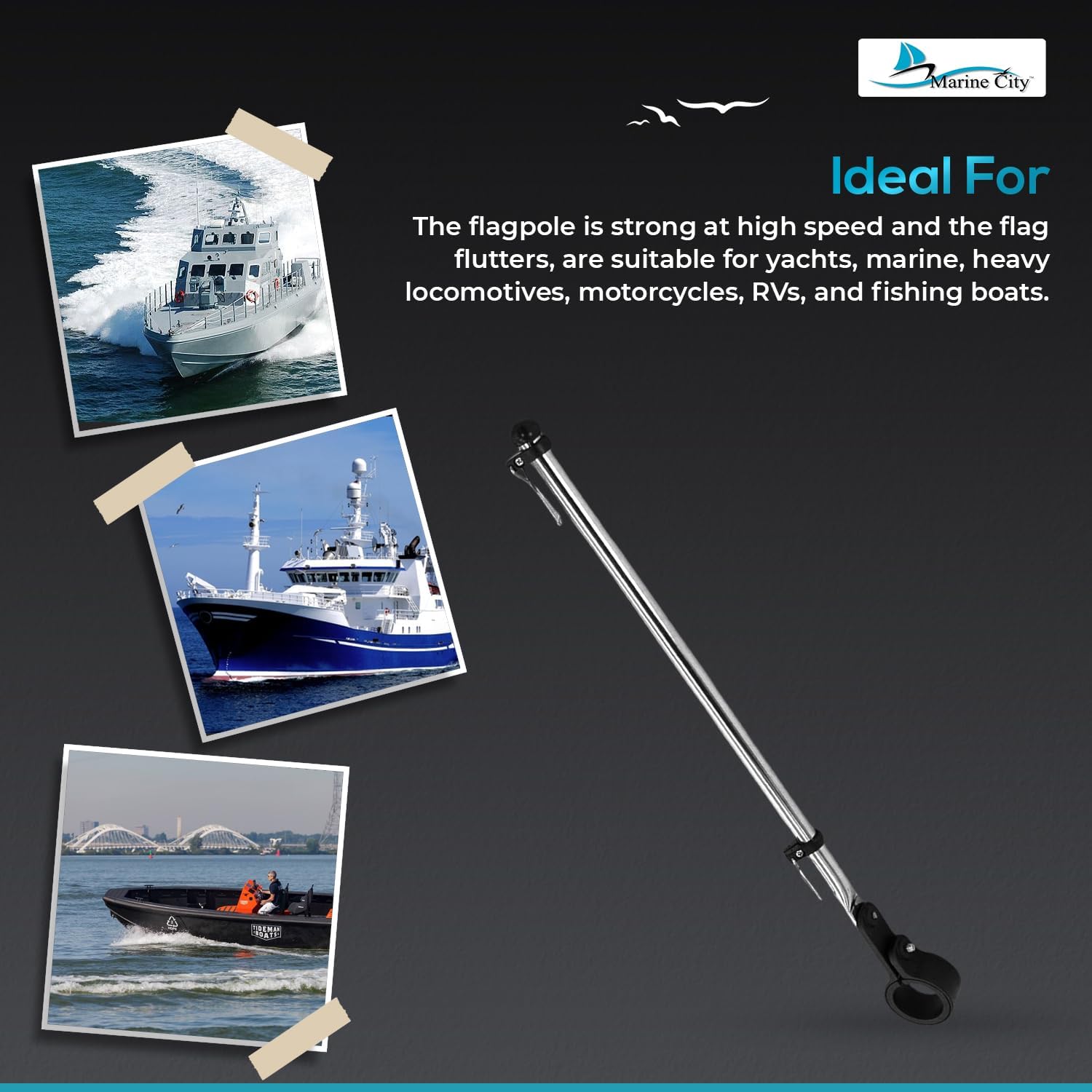 MARINE CITY 304 Grade Stainless Steel Sturdy Rail Mount Flag Staff Pole with Adjustable Rail Clamp for US Flag