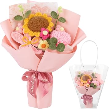Handmade Crochet Bouquet with Handbag, Knitted Flowers, 9.8 in Floral Gift