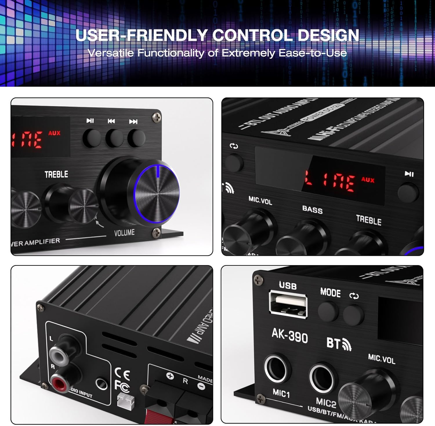 AK-390 2.0CH Stereo Amplifier, Max 400W HiFi Stereo Amplifier, Bluetooth 5.0 Home Audio Power Amplifiers with MIC/RCA/USB/SD for Car Home Karaoke Bar Garage, Remote Control & Power Adapter