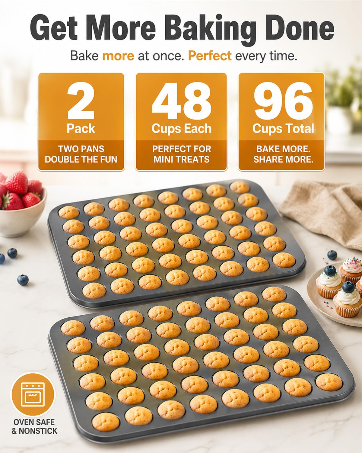 Muffinform, 2 Stück, Mini-Muffinform für 48 Muffins, Mini-Cupcake-Formen zum Backen von Käsekuchen, Heckklappe, Partyzubehör, spülmaschinenfest, 40 x 32 x 2 cm