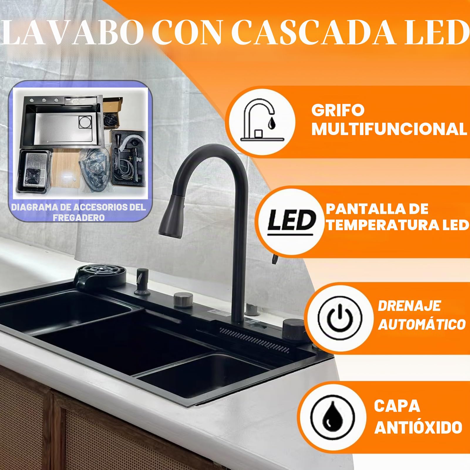 Fregadero de cocina con cascada negra, 80 x 45 cm, 1 cuenco, acero inoxidable, rectangular, sifón, rebosadero y desagüe, moderno y multifuncional, fregadero cascada con juego de accesorios