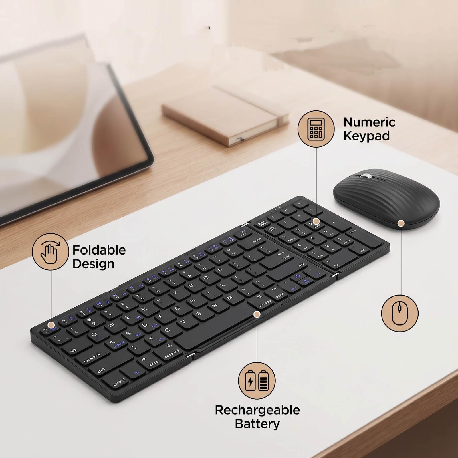 Jectse Tastiera Bluetooth Pieghevole con Tastierino Numerico, Tastiera Wireless e Set Mouse per Tablet Smartphone