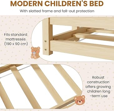 Floor Children's bed Solid pine wood bed (Natural wood, 90x190cm) | Montessori Floor Bed with Fall Protection and Slatted Frame Load capacity up to 100 kg For boys, girls, Single beds