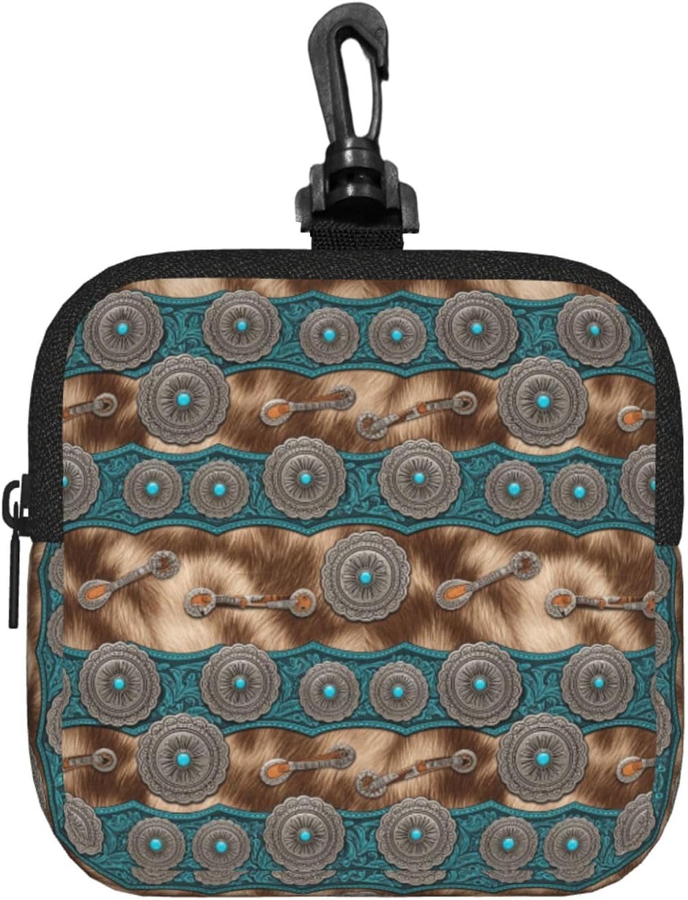 Square Zipper Storage Pouch Rustic Brown Teal Western Country Tooled Leather, Waterproof Mini Purse with Carabiner, Lightweight Organizer for Keys Cards Daily Outdoor Accessories
