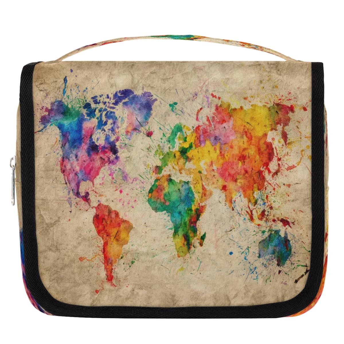 AUUXVA Travel Toiletry Bag Watercolor Vintage World Map Colorful Paint Cosmetic Organizer Bag Hanging Makeup Bag with Zipper Pocket and Handle,
