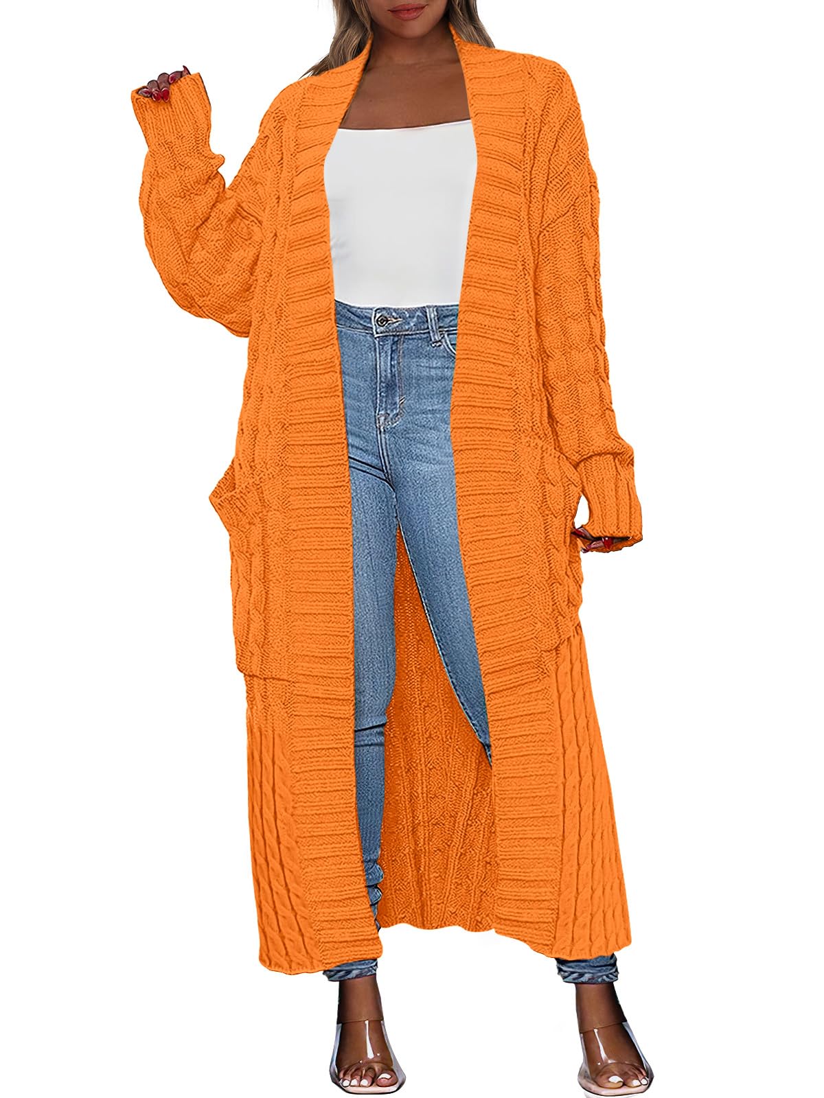 Caracilia Womens Long Cardigan Sweater Open Front Long Sleeve Chunky Cable Knit Duster Outerwear Maxi 2023 Fall Jacket Coats