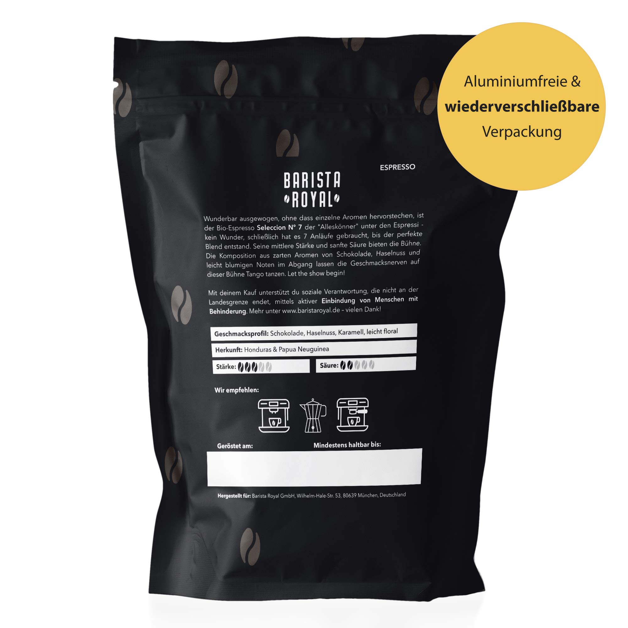 BARISTA ROYAL Bio ziarna espresso 1 kg "Seleccion No.7" | świeże ziarna kawy bezpośrednio z Papua Neuguinea & Honduras | 100% całych ziaren Arabica Espresso | Idealne do w pełni automatycznych ekspresów i sitków