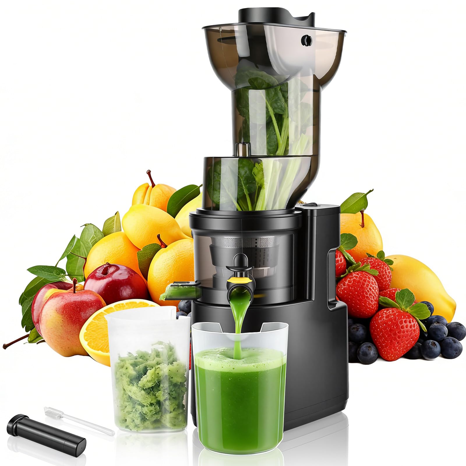 Extracteur de jus 500W,Extracteur de jus de Fruits et Légumes avec Fonction Inverse,Grande Ouverture de 98mm Slow Juicer,Taux d'extraction pouvant atteindre 98%,2 Récipients,Sans BPA