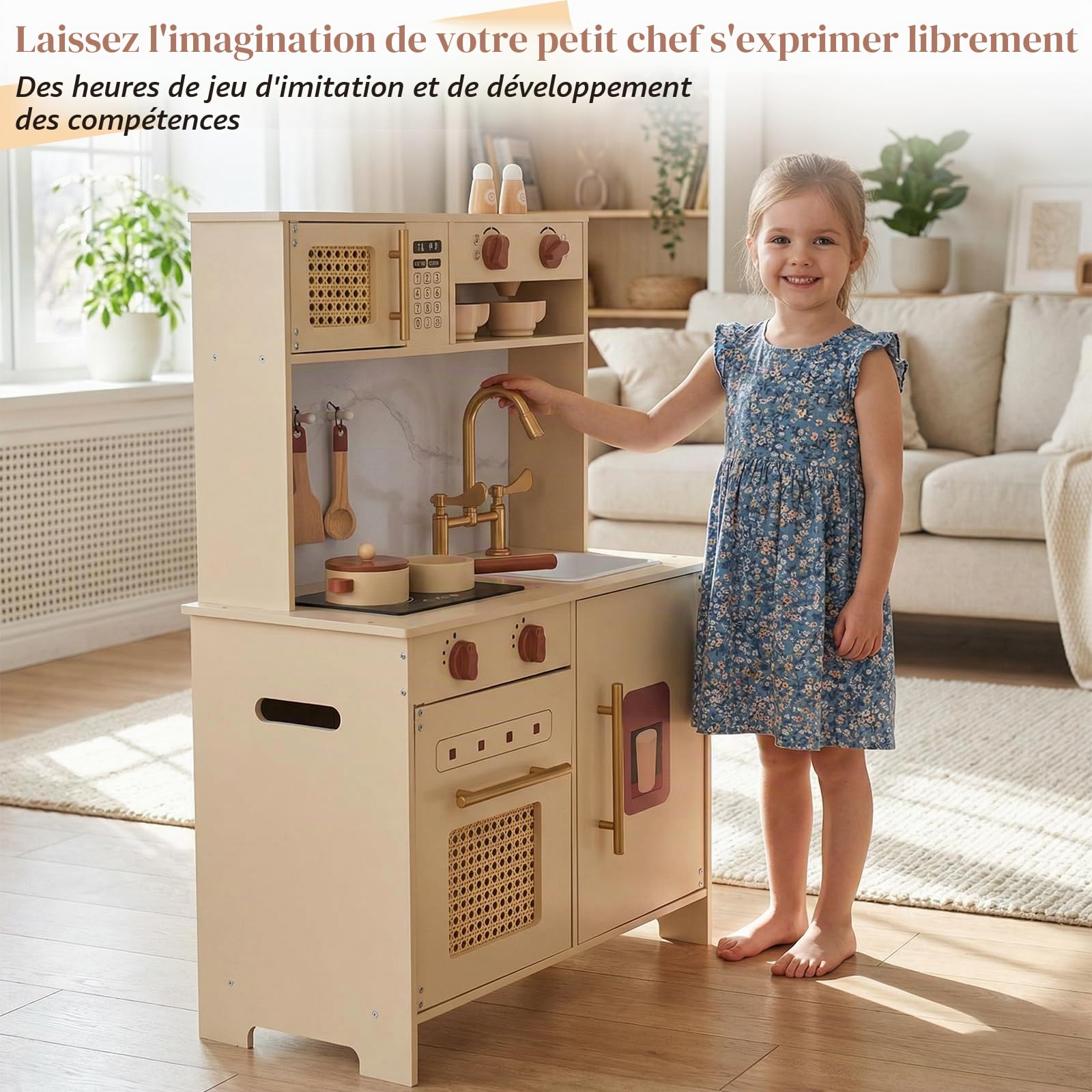WOODENFUN Cuisine Jeu rétro crème Bois Micro-Ondes Four évier, Jeu de rôle 3 Ans(Jaune)