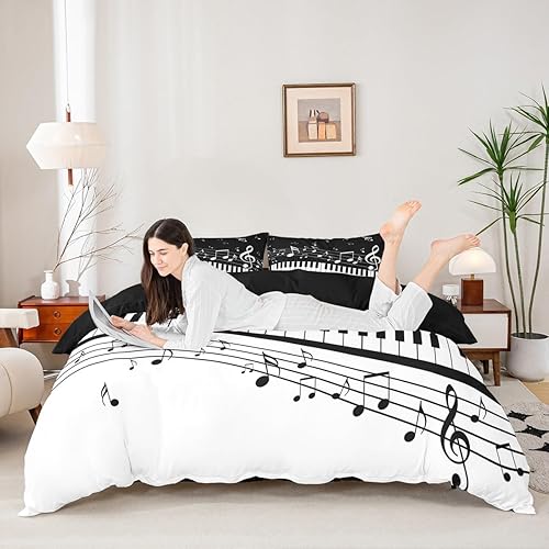 Miniatura 3 de Erosebridal Funda de edredón con diseño de piano y notas musicales giratorias, juego de ropa de cama con teclas blancas negras para niños y niñas,