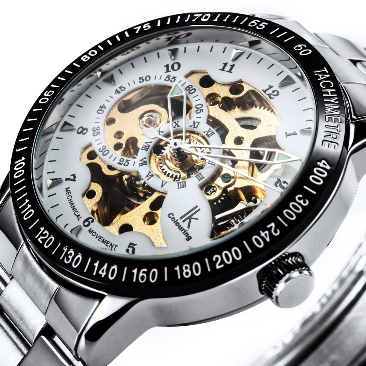 Alienwork IK Reloj Automático Hombre Mujer Plateado Pulsera de Metal Acero Blanco Esqueleto Fondo de Vidrio