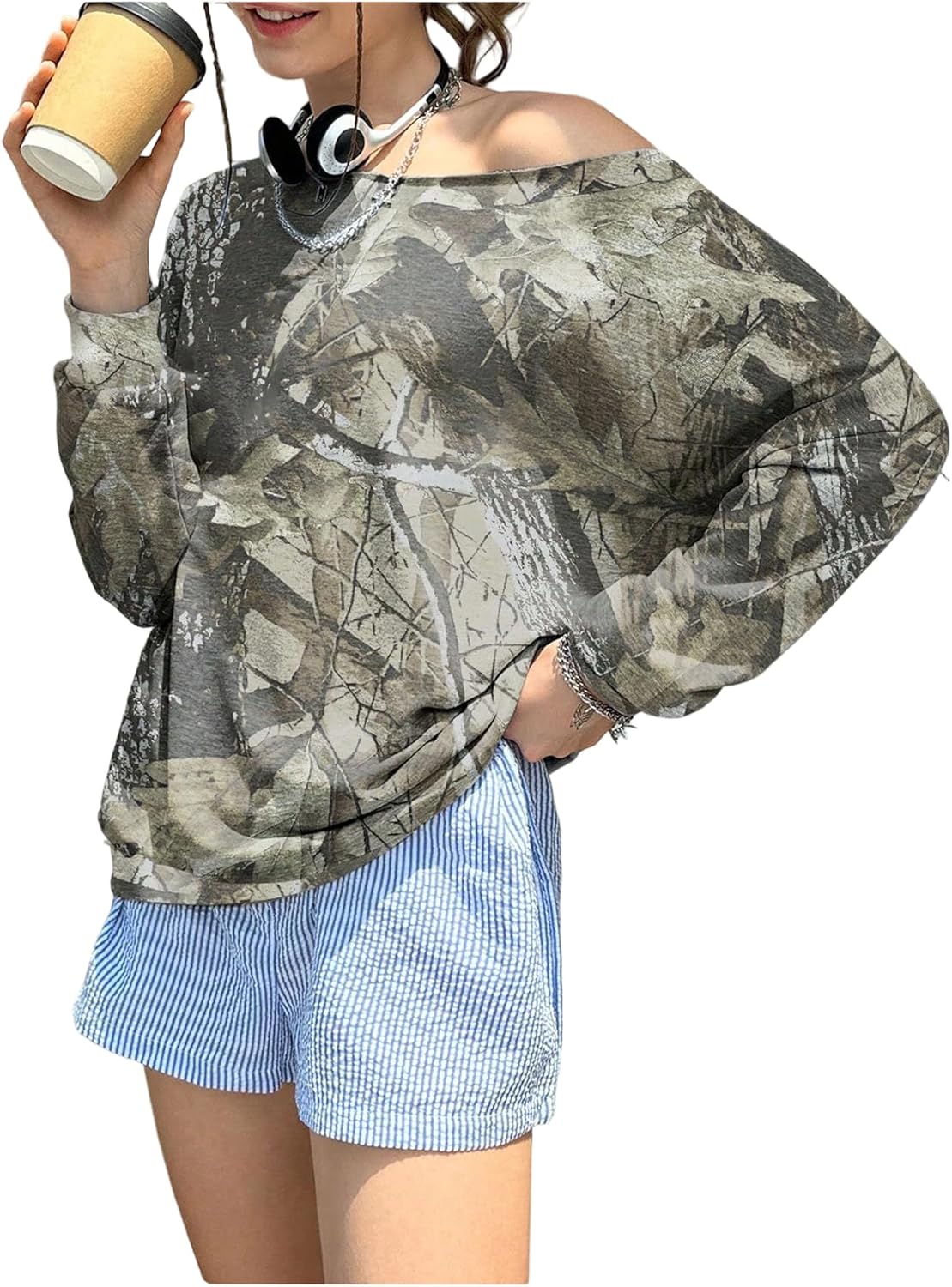 SOLY HUX Women's Off The Shoulder Sweatshirt Camo Shirts Long Sleeve Fall Oversized Tops