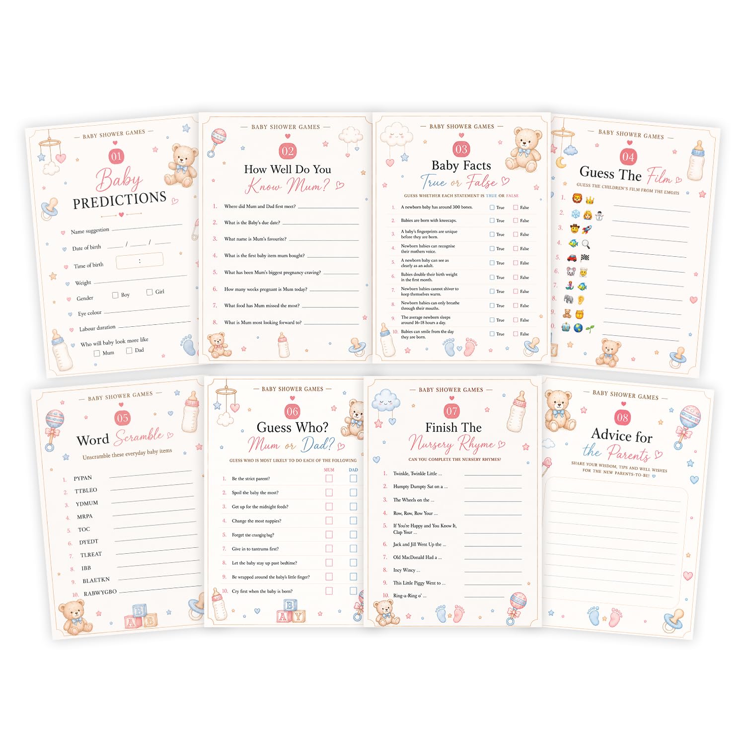 Thymera Baby Shower Games Set – 8 Games on A6 Cards, Gender Neutral, Fun Party Activities for Baby Shower, Available for 10, 20 or 30 Guests (30 Guests)