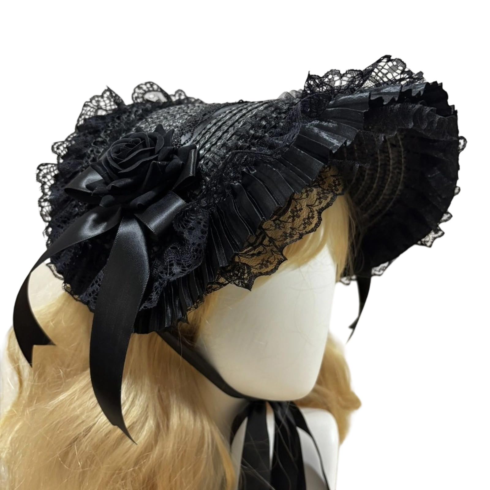 ZWWAAZHF Woven Straw Bonnet Hat Adjustable Ribbon Necktie Hat for Theme Event Dressingup Roleplay Headwear for Masquerades Party Women Hair Accessory