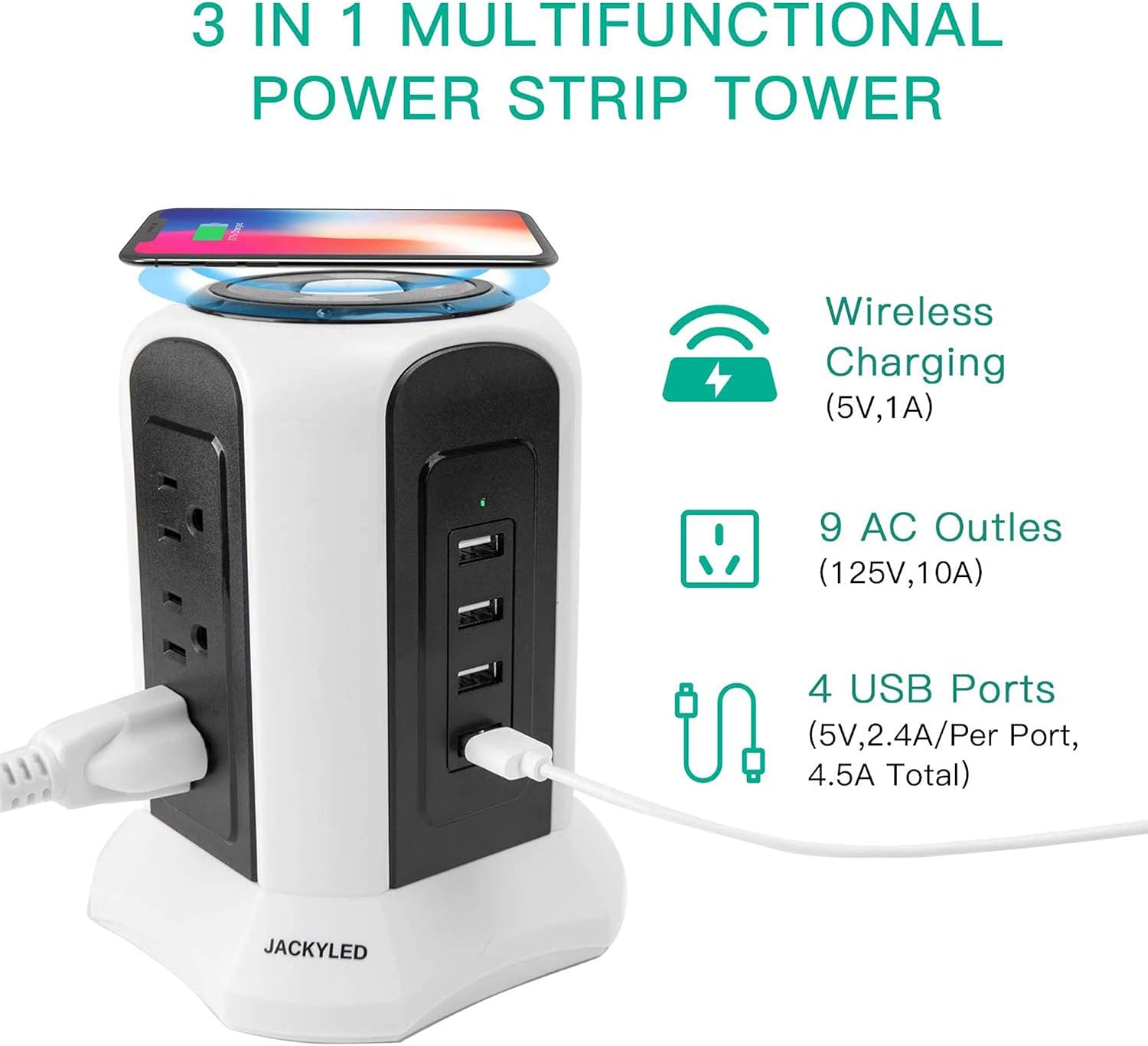 10ft Power Strip Tower Wireless Charging Station, JACKYLED Surge Protector Extension Cord 4.5A 4 USB Ports 10A 9 AC Outlets Electrical Charging Tower for Home Office Kitchen Computers, White Black